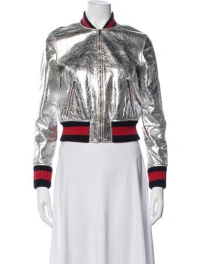 Pre-owned Gucci Lamb Leather Bomber Jacket In Metallic/silver