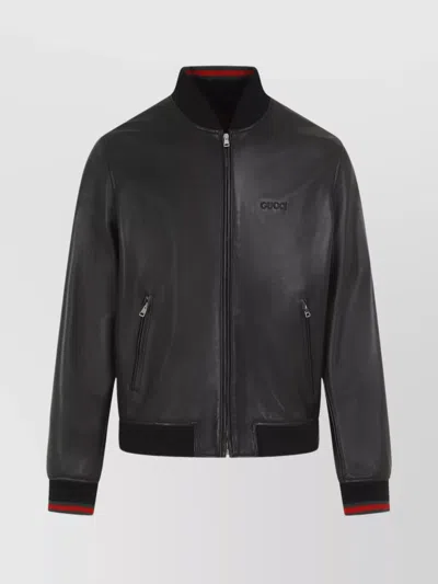 Gucci Lamb Leather Bomber Jacket With Ribbed Collar In Black