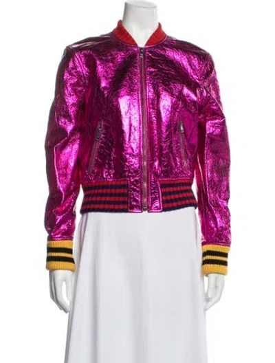 Pre-owned Gucci Lamb Leather Colorblock Pattern Bomber Jacket In Metallic/pink