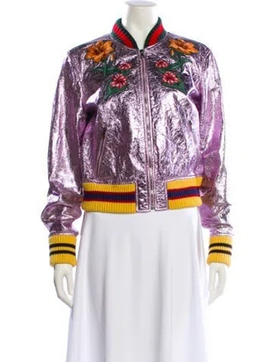 Pre-owned Gucci Lamb Leather Floral Print Bomber Jacket In Purple