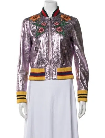 Pre-owned Gucci Lamb Leather Floral Print Bomber Jacket In Purple