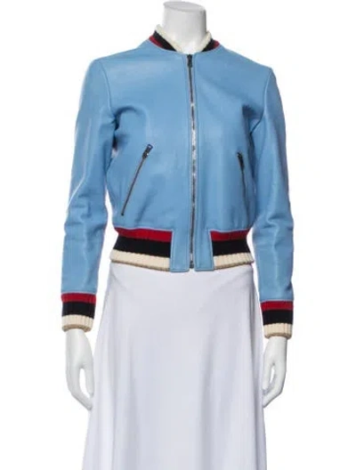 Pre-owned Gucci Lamb Leather Graphic Print Bomber Jacket In Blue