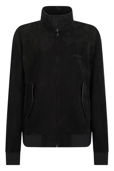 Gucci Lambskin High-collar Zip Jacket In Black