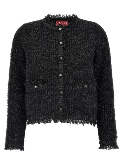 Gucci Black Crewneck Jacket With Double G Logo Buttons In Tech Fabric Woman In Animal Print