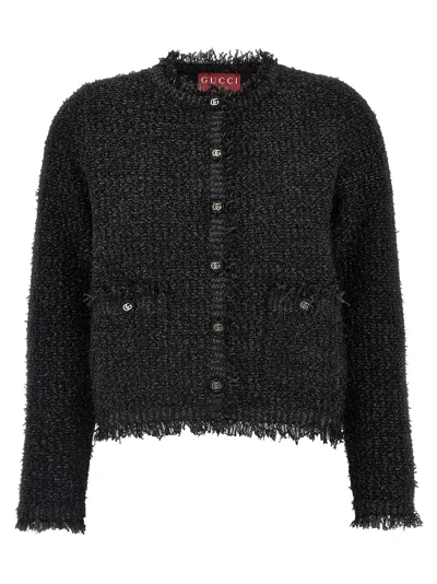 Gucci Black Crewneck Jacket With Double G Logo Buttons In Tech Fabric Woman In Animal Print