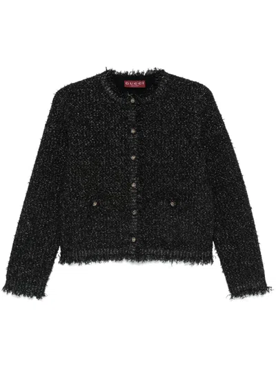 Gucci Shimmering Knit Cardigan With Frayed Edges In Black