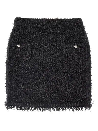 Gucci Black Skirt With Gg Buttons And Fringed Hem In Tech Fabric Woman
