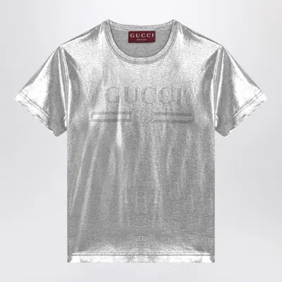 Gucci Laminated Cotton Silver Crewneck T-shirt With Logo In Grey