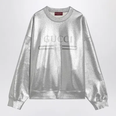 GUCCI GUCCI  LAMINATED COTTON SILVER SWEATSHIRT WITH LOGO