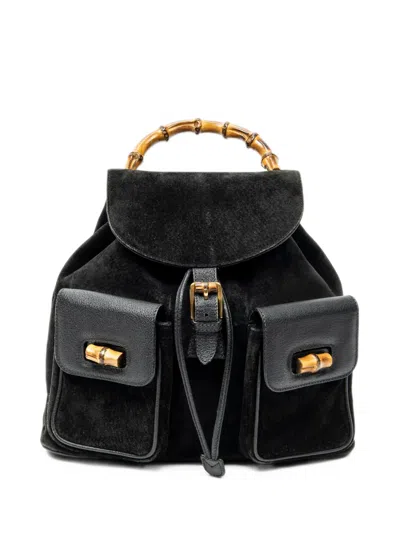 Pre-owned Gucci Large Bamboo Leather Backpack In Black
