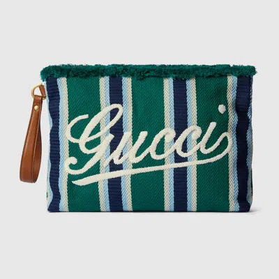 Gucci Large Embroidered Canvas Pouch In Green