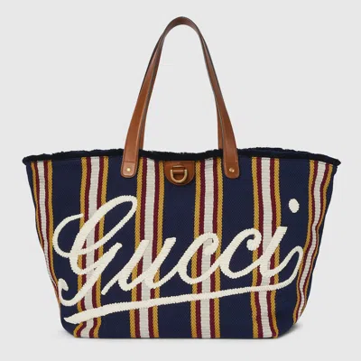 Gucci Large Embroidered Canvas Tote Bag In Blue