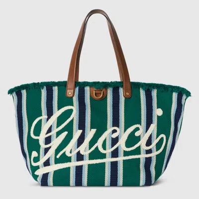 Gucci Large Embroidered Canvas Tote Bag In Green