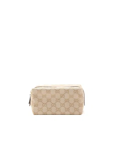 Gucci Large Gg Canvas Leather Pouch In Neutral
