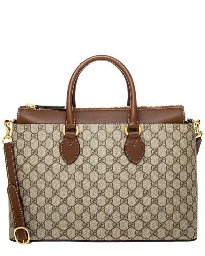 Gucci Large Gg Supreme Canvas & Leather Tote In Brown
