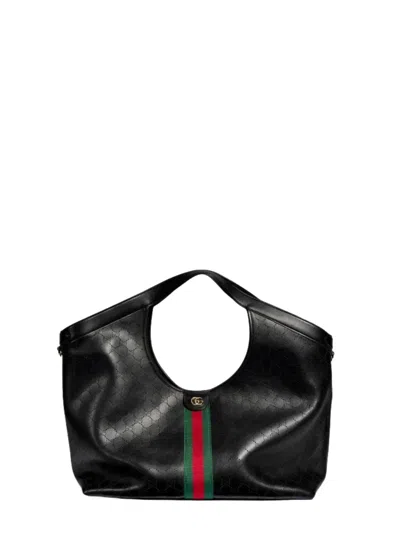 Gucci Large Gg Web Leather Handbag With Detachable Pouch In Black