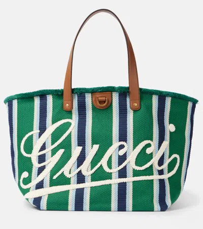 Gucci Large Logo Embroidered Canvas Tote Bag In Green