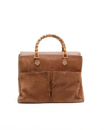Gucci Large Suede Bamboo Handbag In Brown