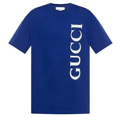 Pre-owned Gucci Large Vertical Brand Logo Regular Fit Blue T-shirt