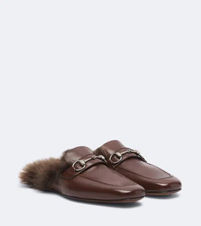 Gucci Larindo Horsebit Shearling-lined Leather Mules In Brown
