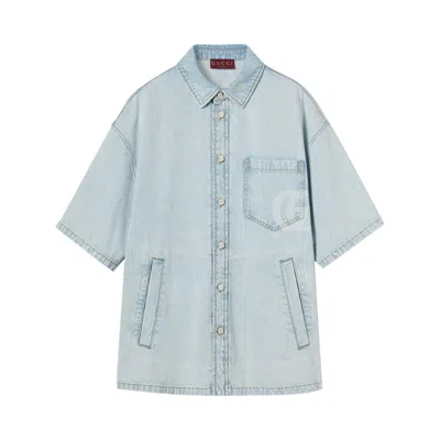 Pre-owned Gucci Lasered Denim Shirt 'turquoise Blue' | Men's Size 56