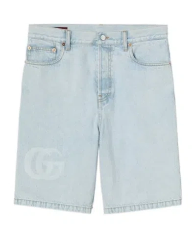 Gucci Lasered Denim Shorts In Light Blue