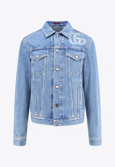 Gucci Light Blue Jacket With Gg Logo Print On The Front In Denim Man In Black
