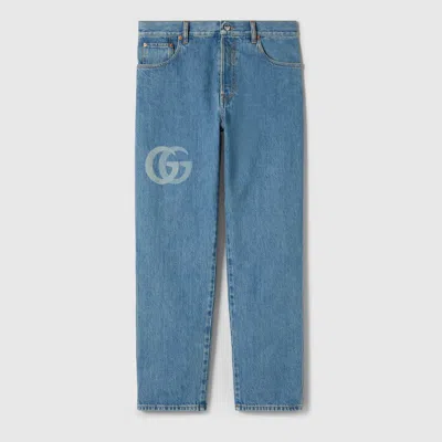 Gucci Lasered Double G Denim Pant In Blue