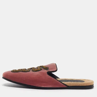 Pre-owned Gucci Lawrence Size 40 Pink Velvet Snake Crystal Embellished Flat Mules