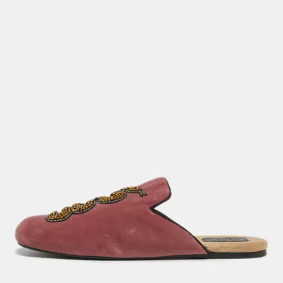 Pre-owned Gucci Lawrence Size 40.5 Pink Velvet Crystal Embellished Flat Mules
