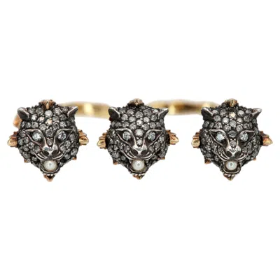 Pre-owned Gucci Le March� Des Merveilles Feline 18 Karat Gold Silver Diamond Pearl Ring In Multiple