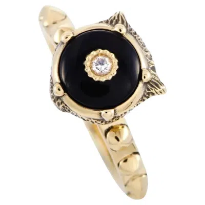 Pre-owned Gucci Le Marché Des Merveilles 18 Karat Gold Diamond And Onyx Feline Motif Ring In Black