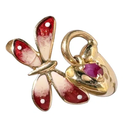Pre-owned Gucci Le Marché Des Merveilles 18k Gold Enamel Amethyst Butterfly Ring Size 58 In Purple