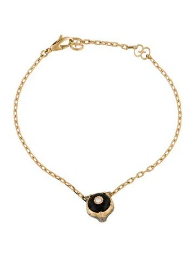 Pre-owned Gucci Le Marche Des Merveilles Black Onyx & Diamond Feline Head Charm Bracelet, 7" In Multi