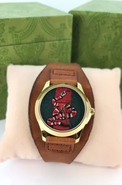 Pre-owned Gucci Le Marche Des Merveilles Green Red Dial Snake Leather Strap Unisex Watch