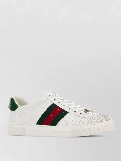 Gucci Leather Ace Sneakers Studded Heel Perforated Upper Rubber Sole In White