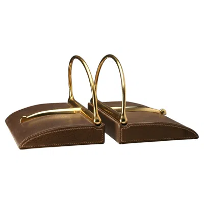 Pre-owned Gucci Leather And Brass Bookends Italy 1970s In Brown