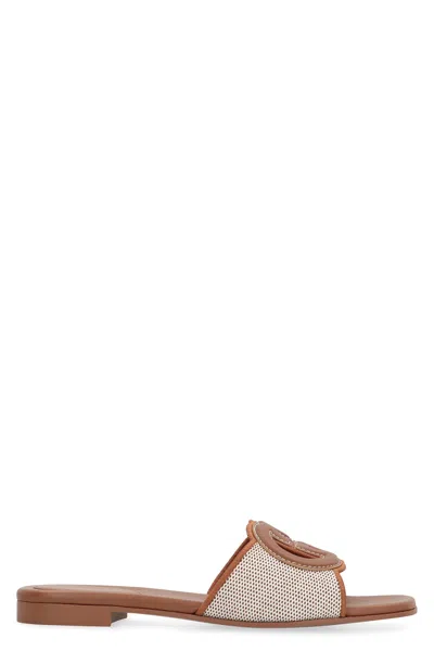 Gucci Leather And Fabric Slides In Brown