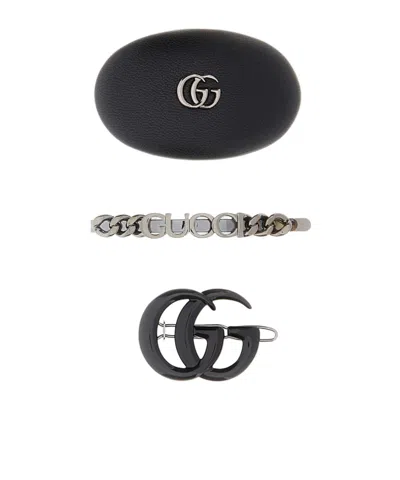 Gucci Leather And Metal Hair Clip Set In Gray