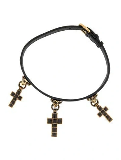 Pre-owned Gucci Leather & Resin Cross Station Choker Necklace, 15.5" In Black
