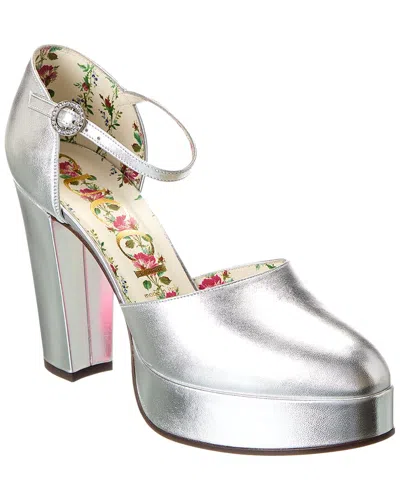 Gucci Leather Ankle-strap Platform Pump In Silver