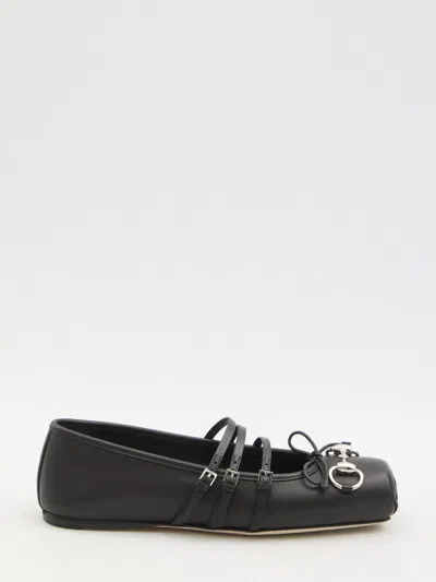 Gucci Nappa Leather Square Toe Ballerina With Horsebit Detailing In Black