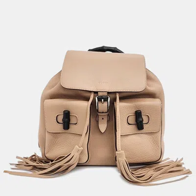 Pre-owned Gucci Leather Bamboo Pocket Backpack (370833) In Beige