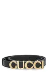 Gucci Logo Lettering Plaque Thin Belt In Black