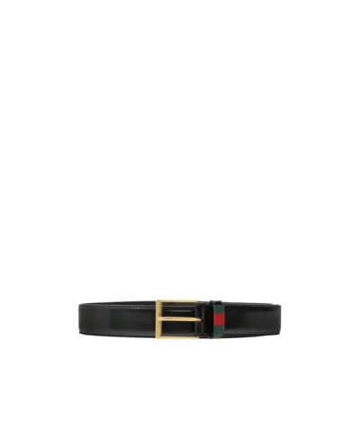 Gucci Leather Belt With Web In Black
