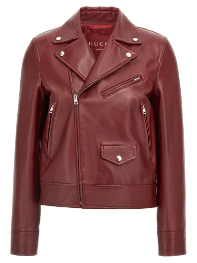 Gucci Leather Biker Jacket Puffer Jackets Brown In Red