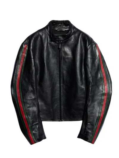 Gucci Leather Biker Jacket With Web Detail In Black