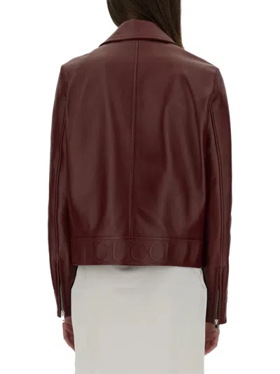 Gucci Leather Biker Jacket In Bordeaux