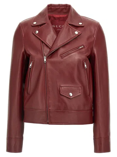 Gucci Leather Biker Jacket In Brown