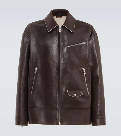 Gucci Leather Biker Jacket In Brown